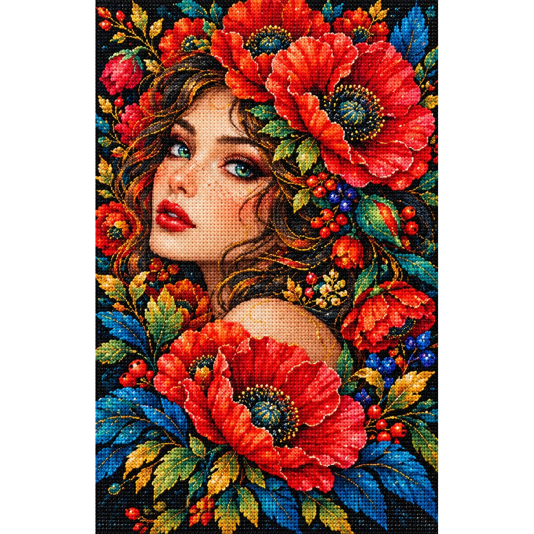 Red Poppy Muse Diamond Painting Kit — Finished white-background diamond painting