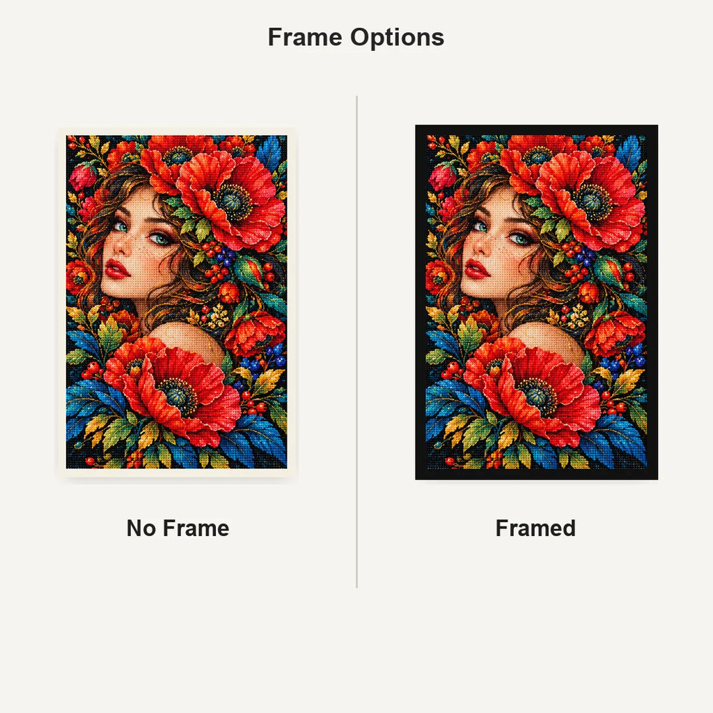 Red Poppy Muse Diamond Painting Kit — No Frame and Framed comparison