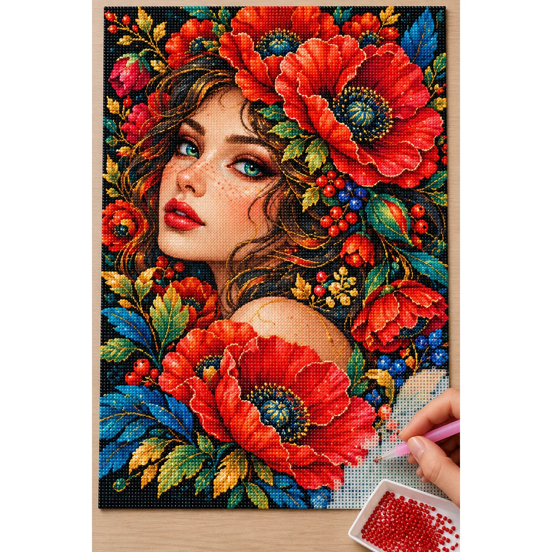 Red Poppy Muse Diamond Painting Kit — Diamond painting process