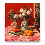 Red Porcelain Vase and Citrus Still Life paint by numbers artwork on a front-facing canvas against a white background