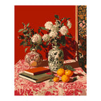 Red Porcelain Vase and Citrus Still Life completed artwork on a clean white background