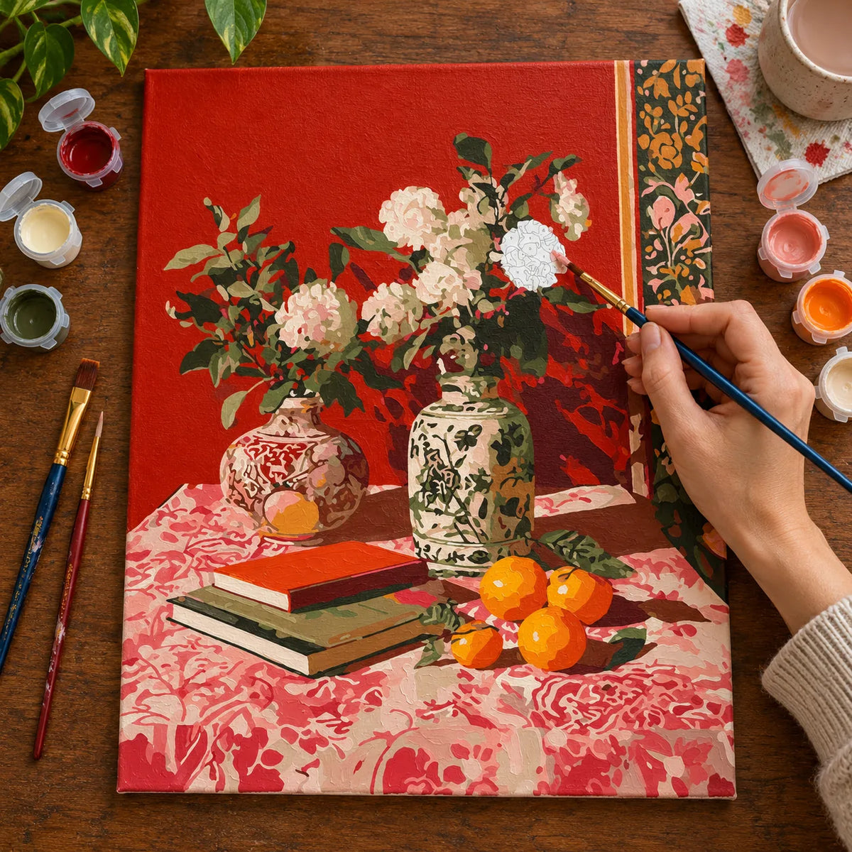 Complete Red Porcelain Vase and Citrus Still Life numbered canvas being painted with acrylic paints and brushes