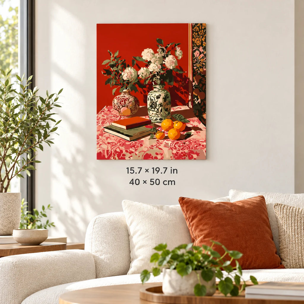 Red Porcelain Vase and Citrus Still Life shown in a styled room with 15.7 × 19.7 in and 40 × 50 cm dimensions
