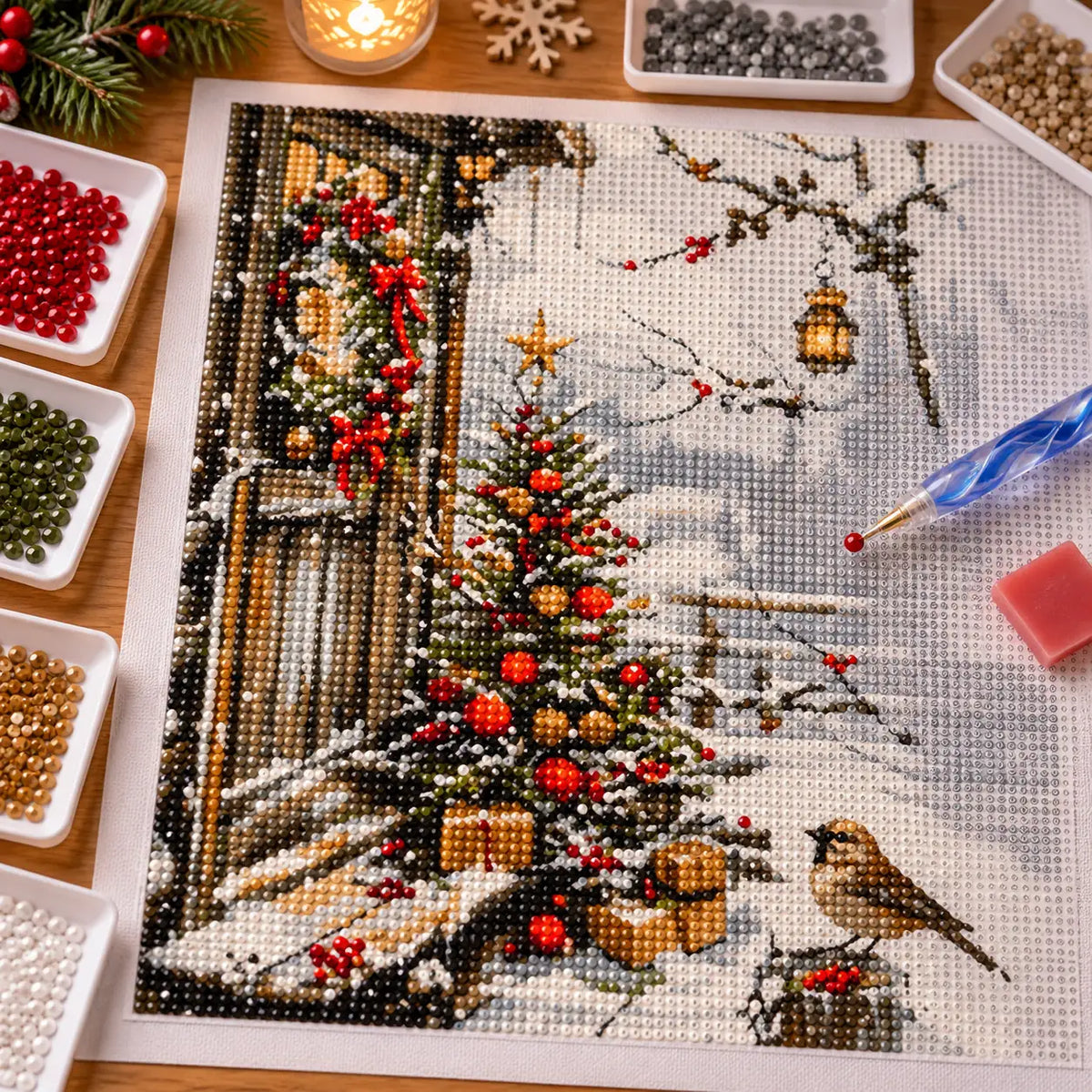 Diamond painting process for Red Ribbons In Snow