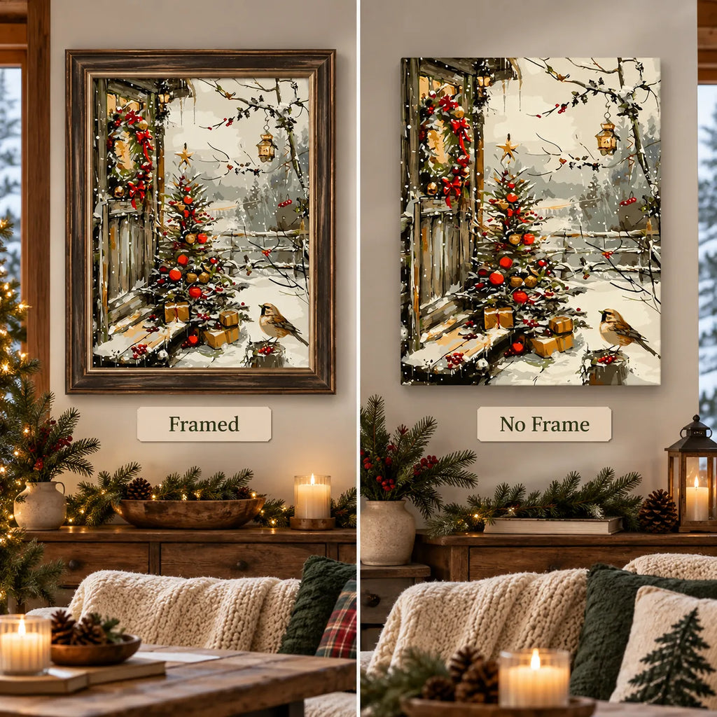 Framed and no-frame options for Red Ribbons In Snow