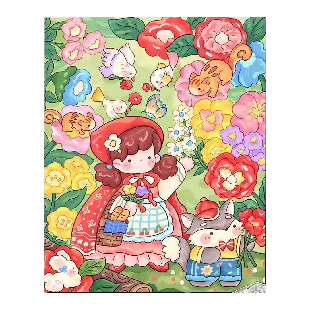 White-background original artwork of a red-hooded girl with a basket and a white rabbit among flowers