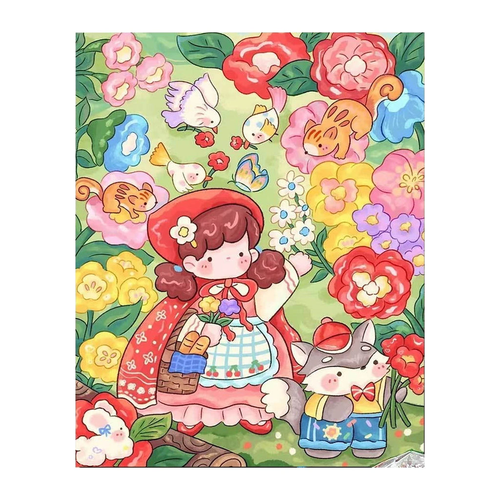 White-background original artwork of a red-hooded girl with a basket and a white rabbit among flowers