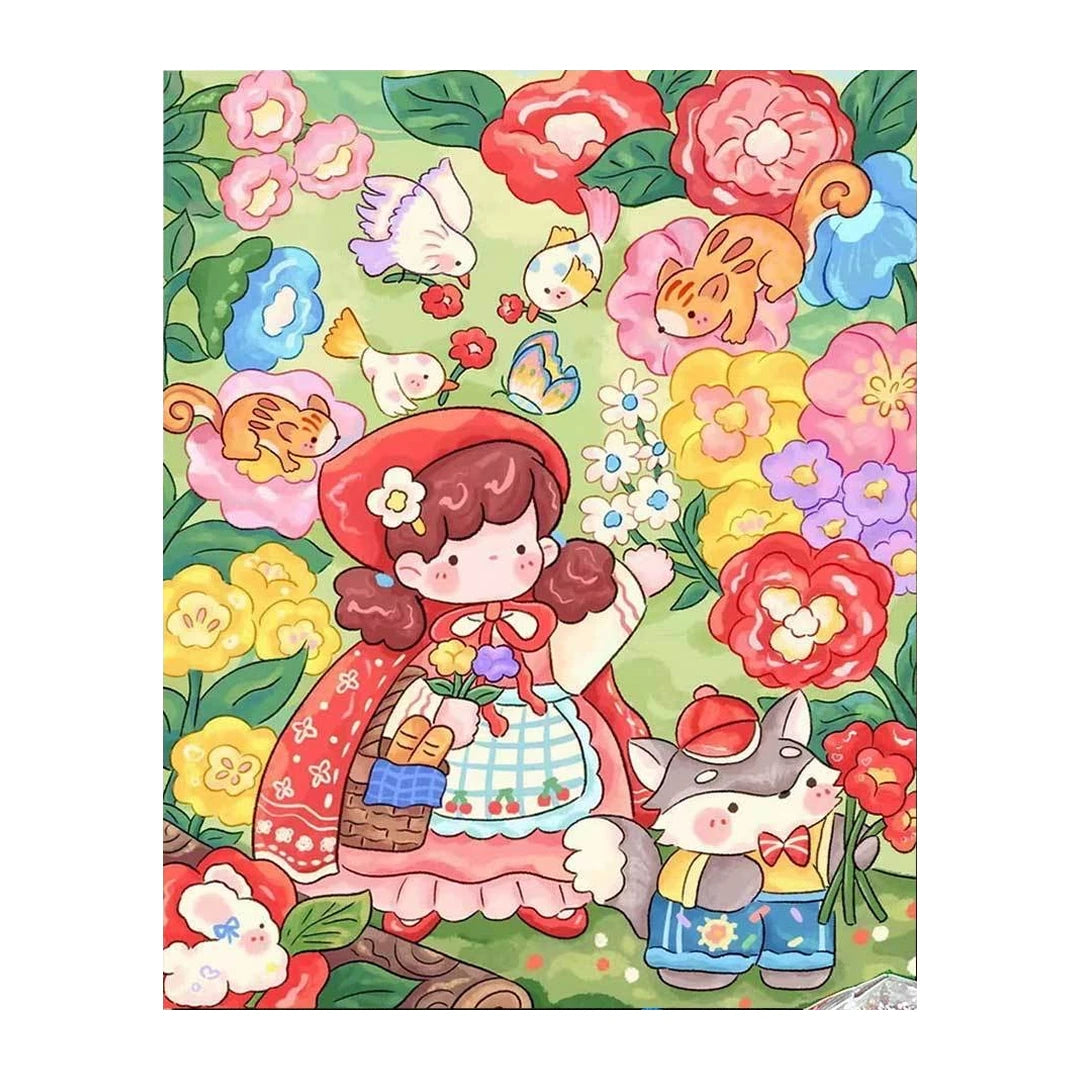 White-background original artwork of a red-hooded girl with a basket and a white rabbit among flowers