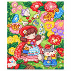 White-background diamondized artwork of a red riding hood girl and rabbit in a flower garden