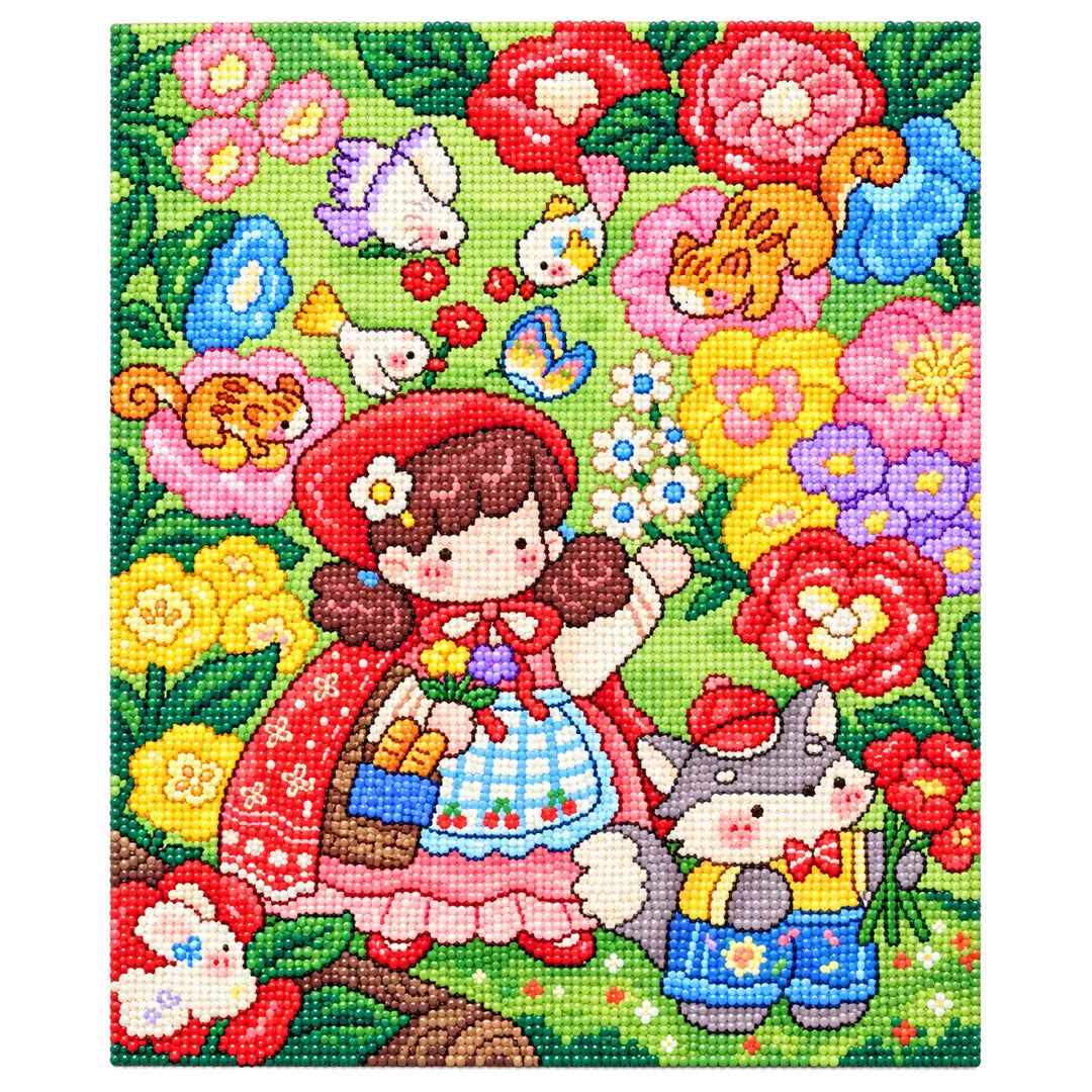 White-background diamondized artwork of a red riding hood girl and rabbit in a flower garden
