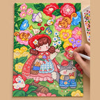 Diamond painting process showing a red riding hood girl and rabbit being completed with a stylus
