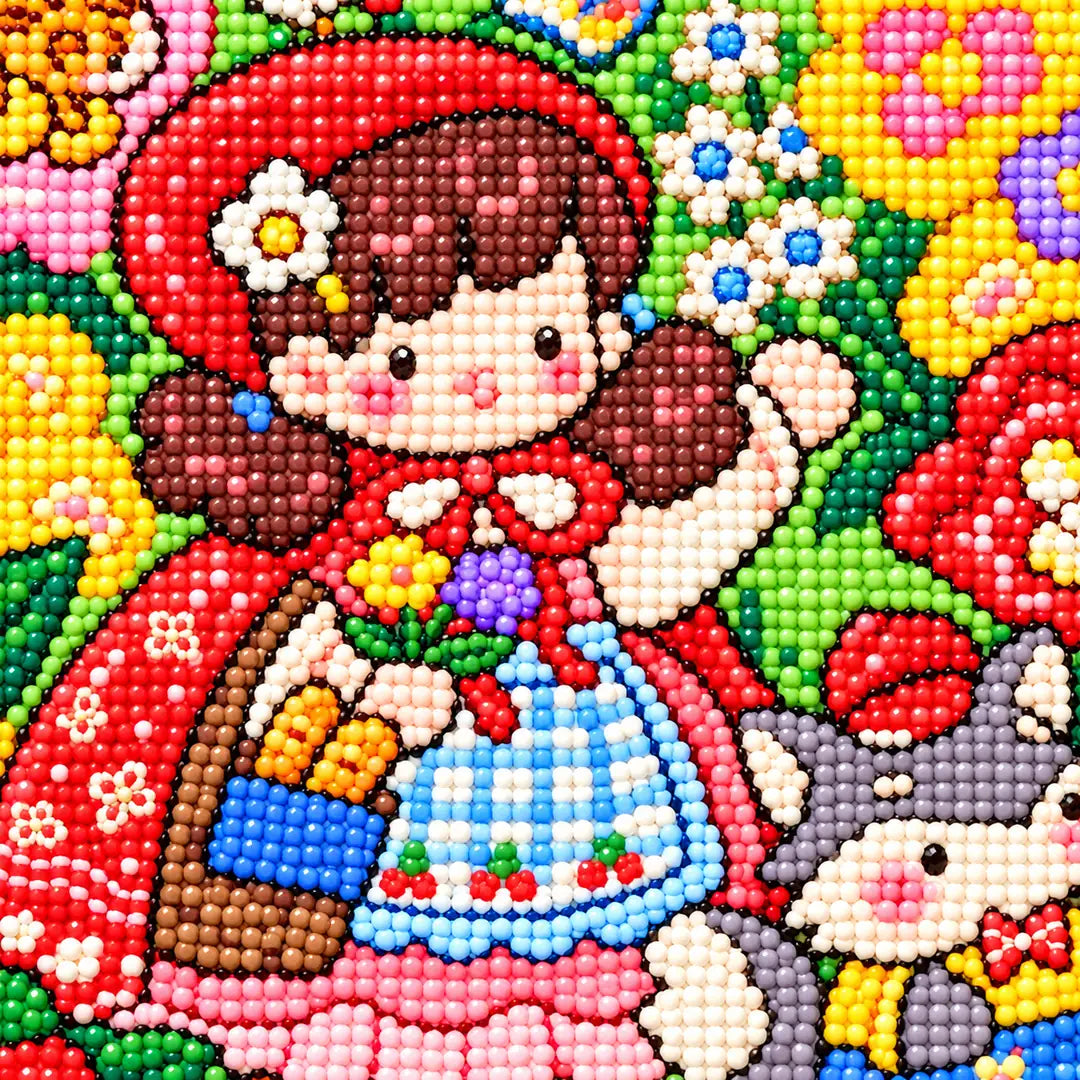 Close-up diamond drill detail of a red riding hood girl, white rabbit, and bright flowers