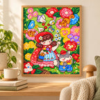 Framed red riding hood flower garden diamond painting displayed as home decor