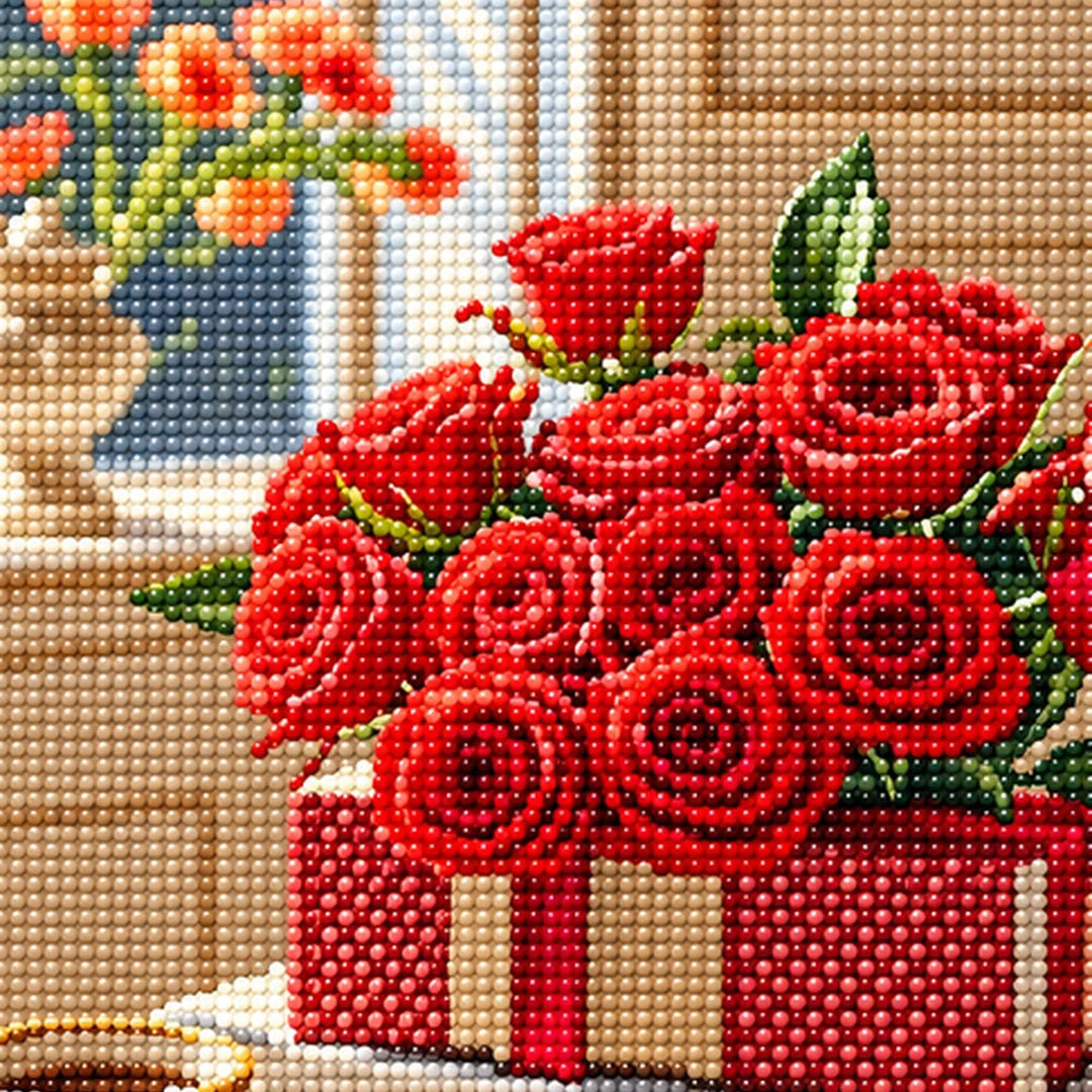 Red Rose Morning Diamond Painting Kit detail view