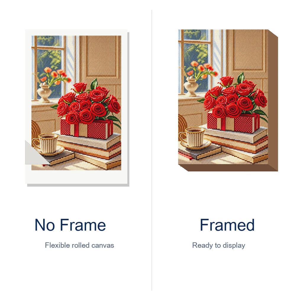 Red Rose Morning Diamond Painting Kit frame view
