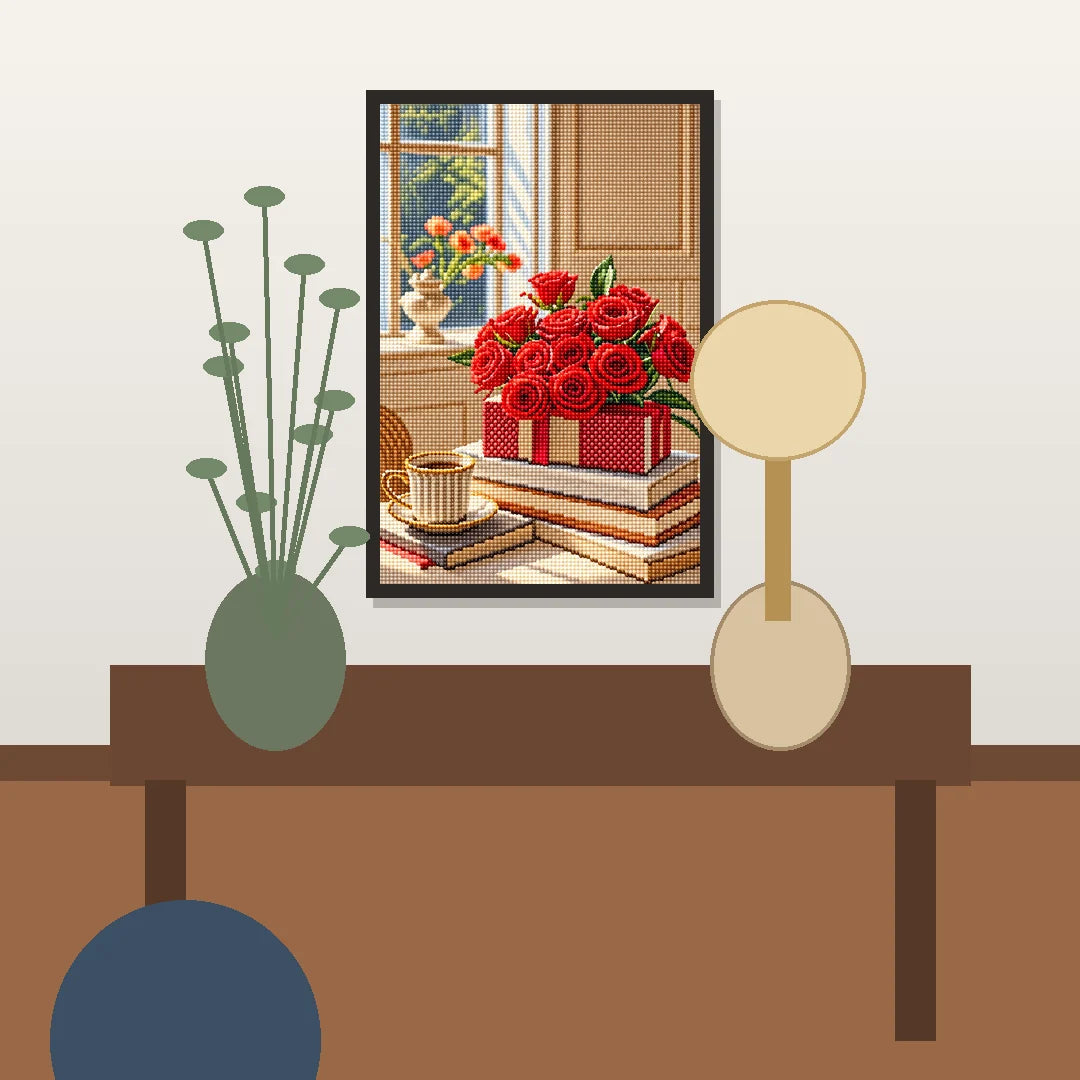 Red Rose Morning Diamond Painting Kit lifestyle view