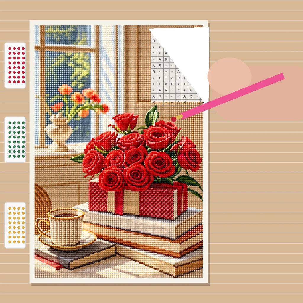Red Rose Morning Diamond Painting Kit process view