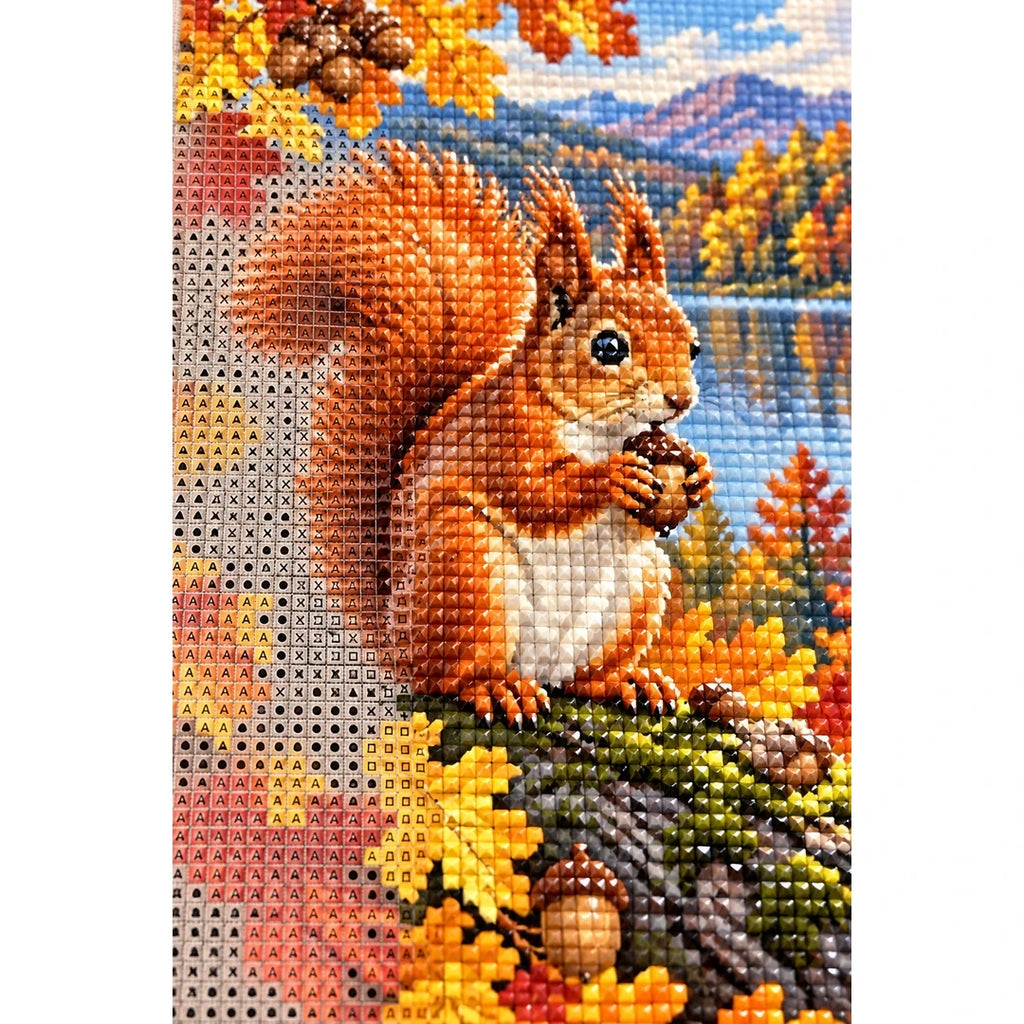 Red Squirrel Autumn Lake Diamond Painting Kit diamond and canvas detail