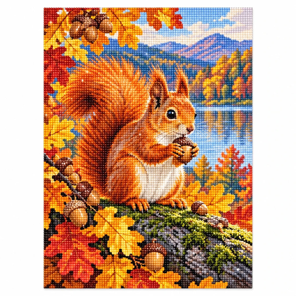 Red Squirrel Autumn Lake Diamond Painting Kit finished diamond artwork on white background