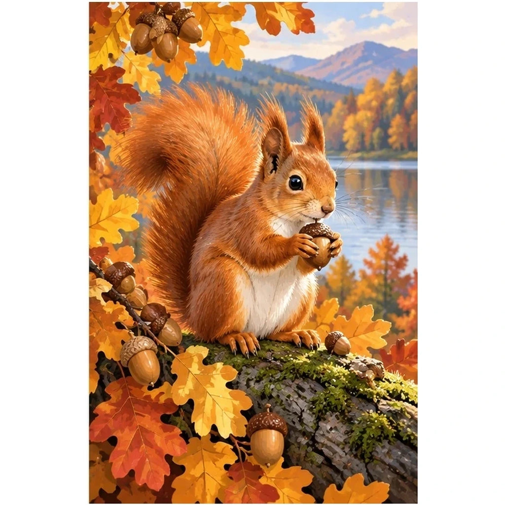 Red Squirrel Autumn Lake original artwork on white background