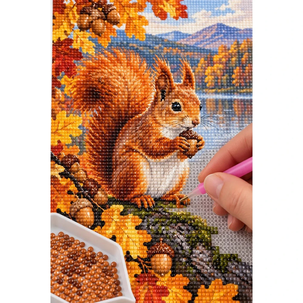 Red Squirrel Autumn Lake Diamond Painting Kit diamond placement process
