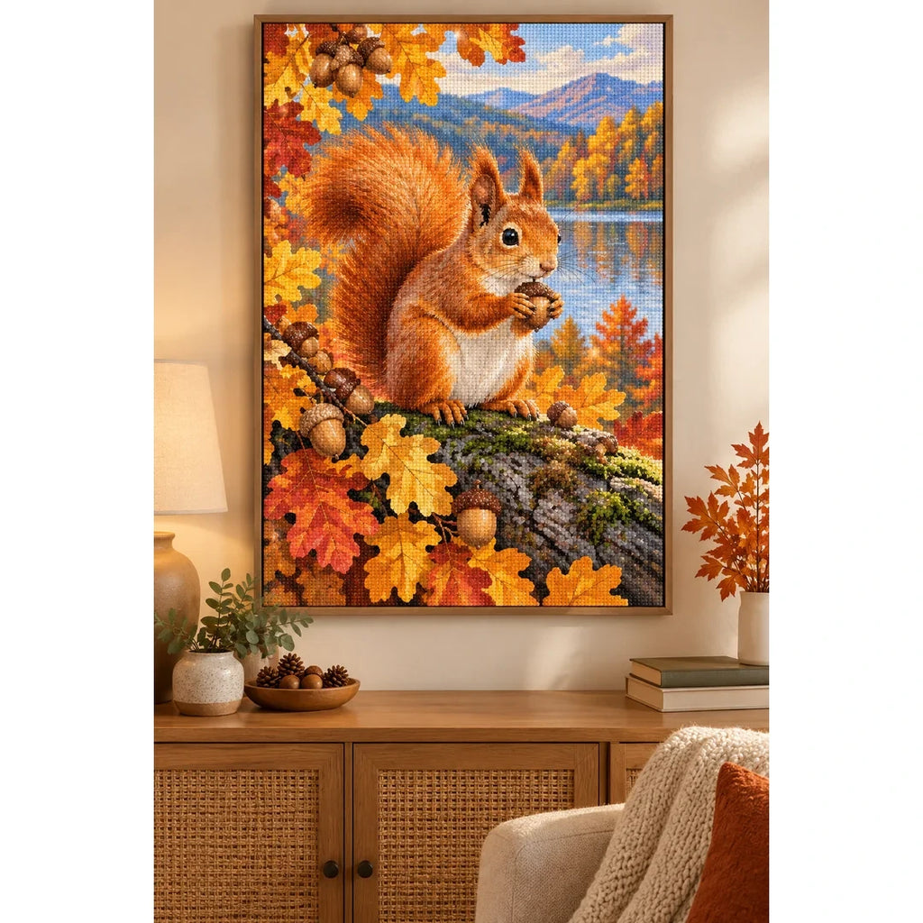 Red Squirrel Autumn Lake Diamond Painting Kit home decor scene