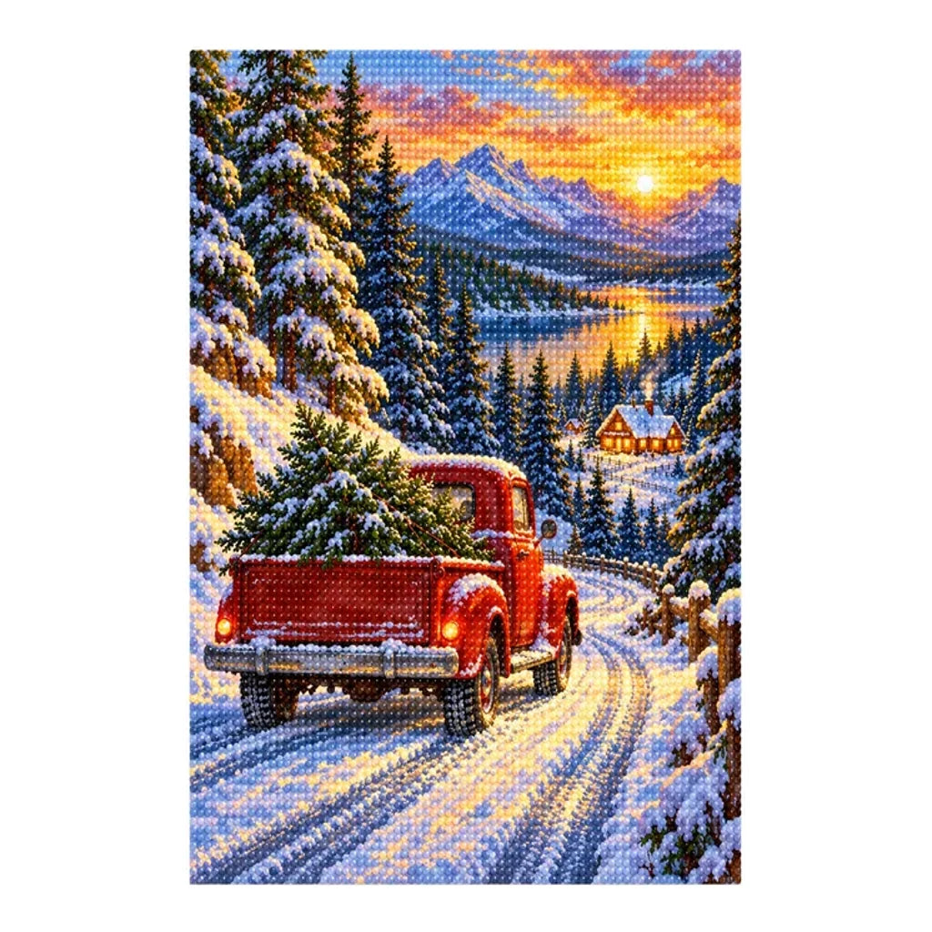 White-background finished diamond painting of Red Truck.