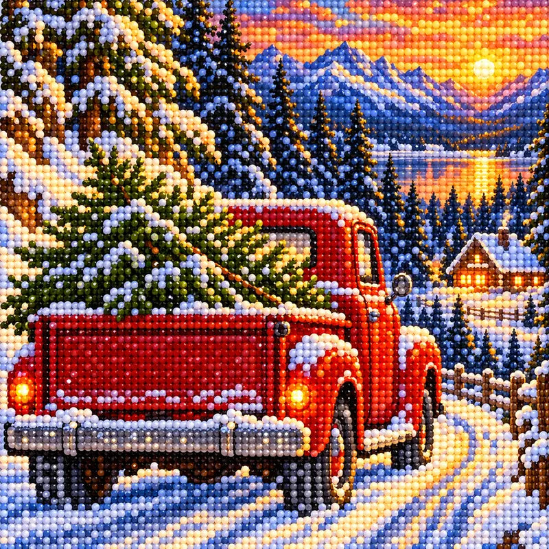 Close-up of drill details in the Red Truck diamond painting.