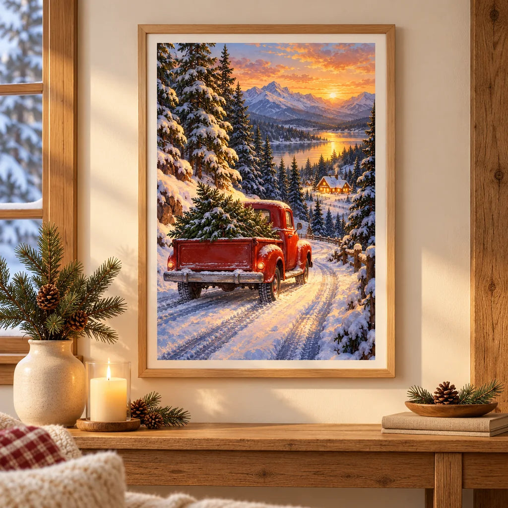Framed Red Truck diamond painting displayed as home decor.