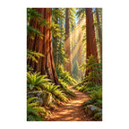Original white-background artwork of a winding trail through a sunlit redwood forest