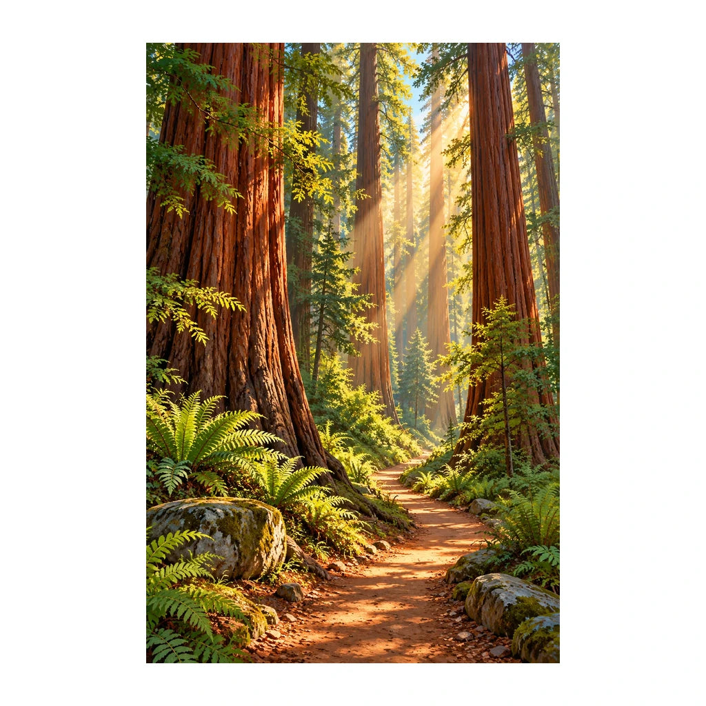 Original white-background artwork of a winding trail through a sunlit redwood forest