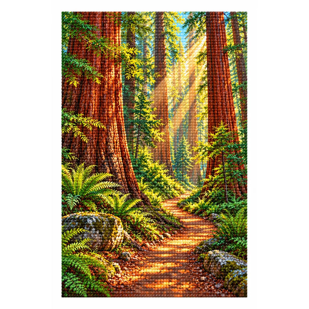 Finished white-background diamond painting of a winding trail through a sunlit redwood forest