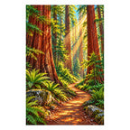 Finished white-background diamond painting of a winding trail through a sunlit redwood forest