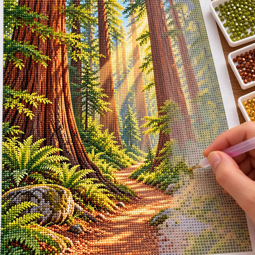 Hands placing drills on the redwood forest path diamond painting canvas