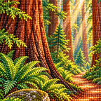 Close-up of sparkling drills on redwood trunks, ferns, and the forest path