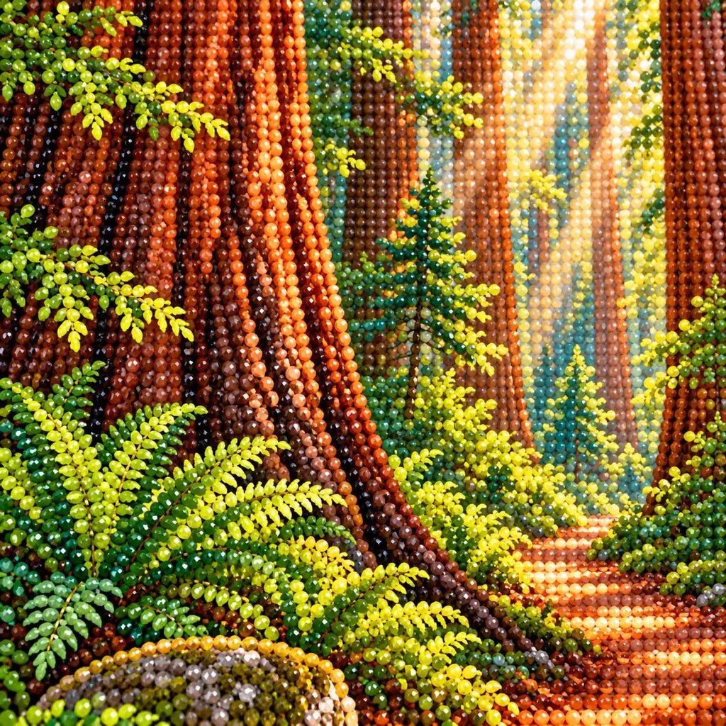 Close-up of sparkling drills on redwood trunks, ferns, and the forest path