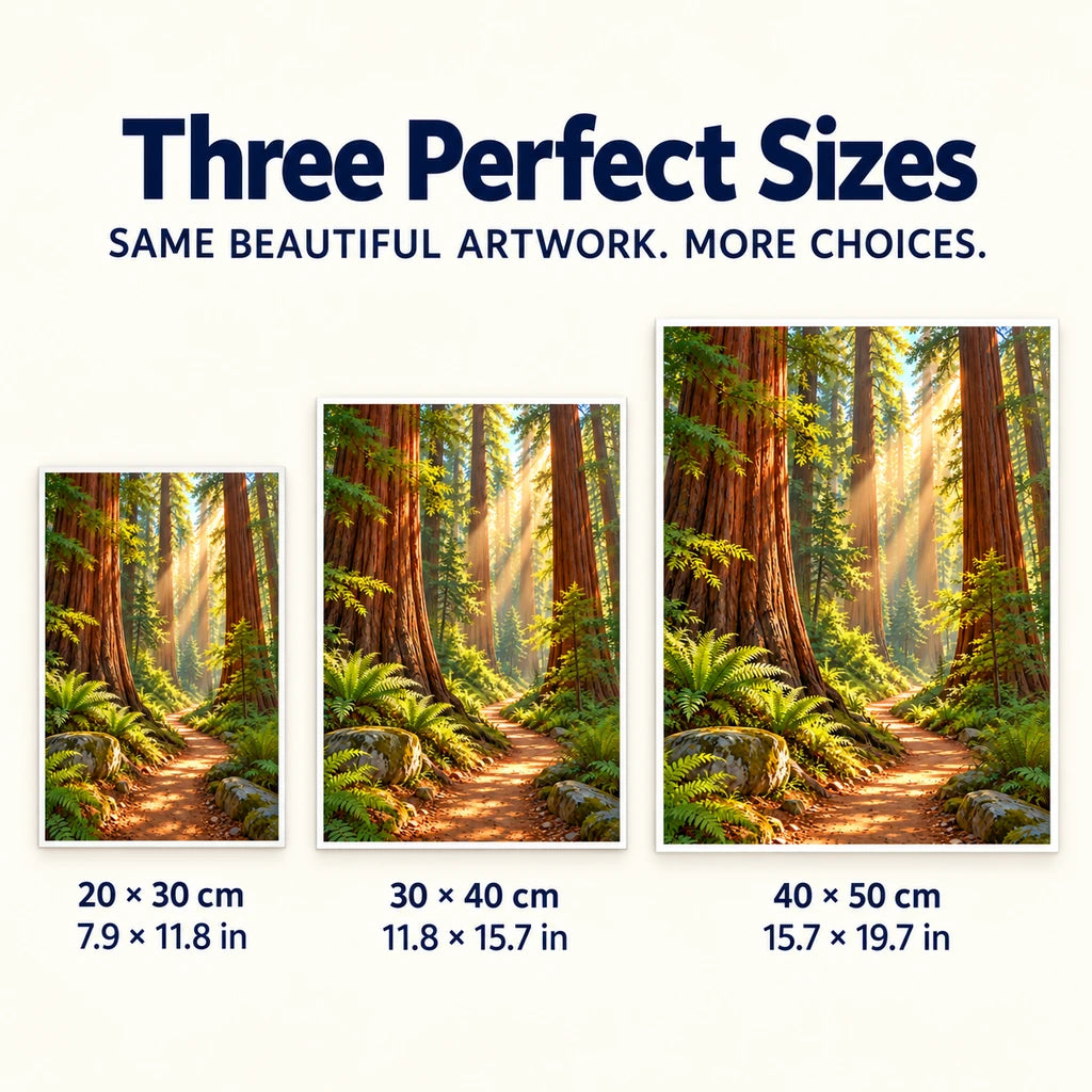 Redwood forest path diamond painting in 20 by 30, 30 by 40, and 40 by 50 centimeter sizes