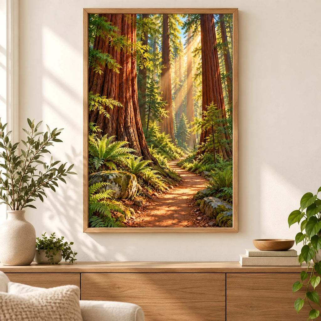 Framed redwood forest path diamond painting displayed in a calm living room