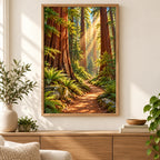 Framed redwood forest path diamond painting displayed in a calm living room