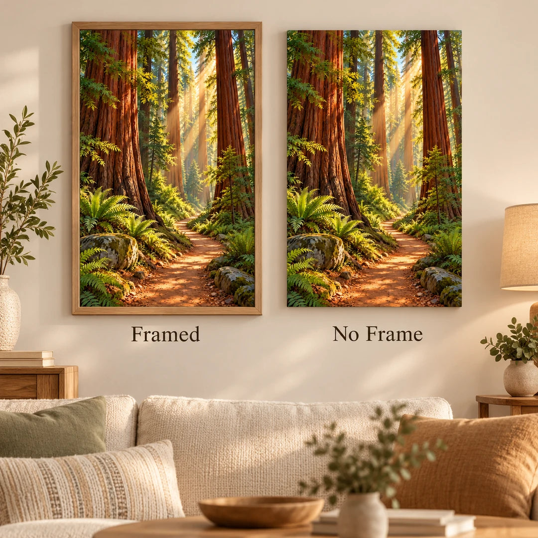 Framed and no-frame options for the redwood forest path diamond painting