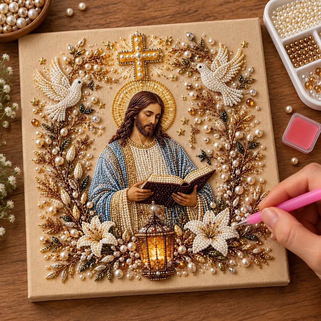 Jesus Reading Pearl Diamond Painting Kit process image
