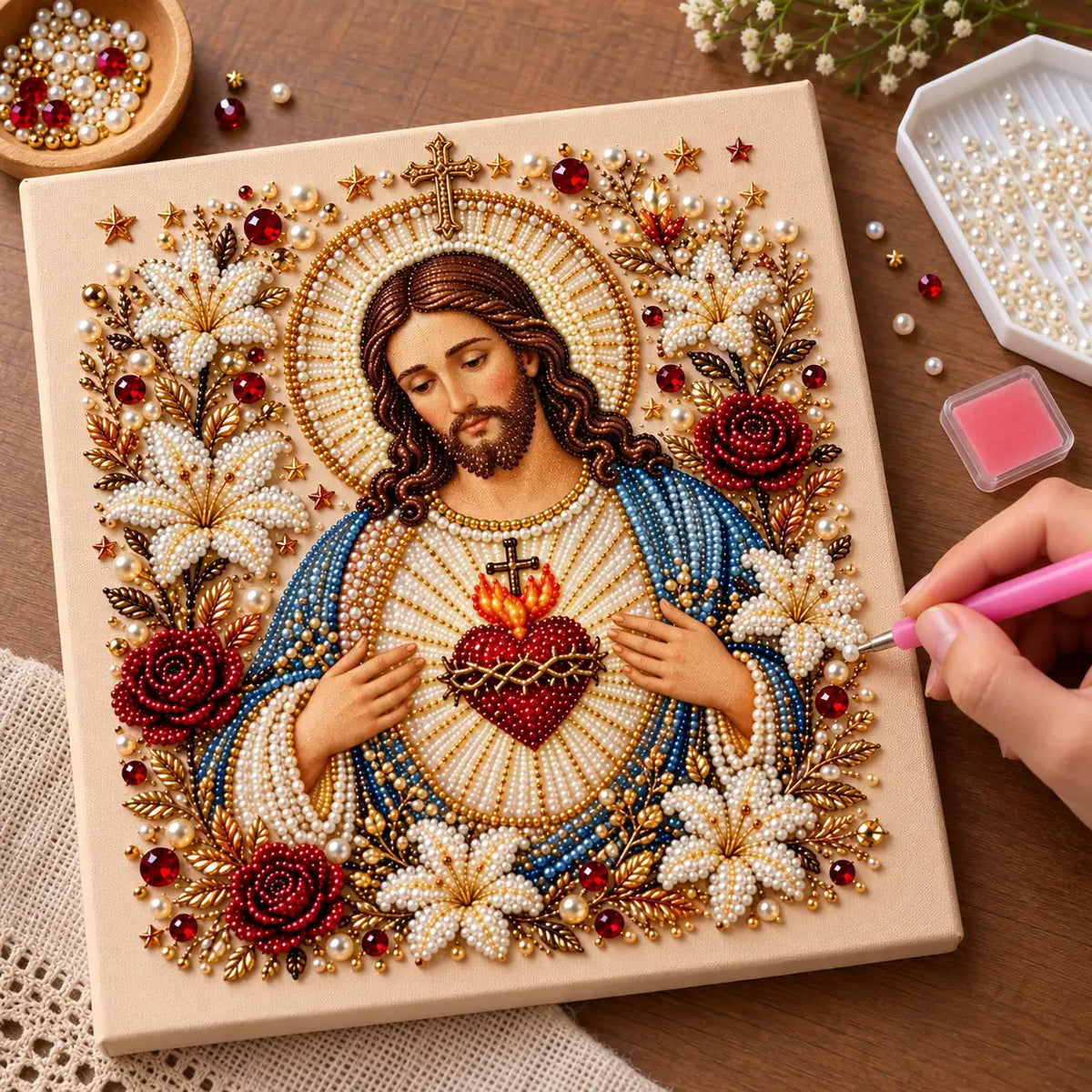 Sacred Heart of Jesus Pearl Diamond Painting Kit process image