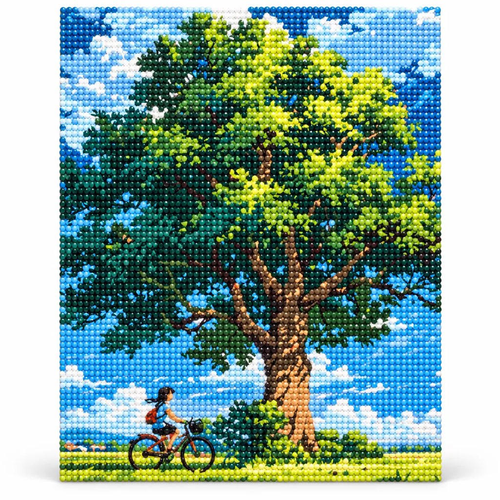 Finished diamond painting of Rest Stop Under The Oak with sparkling drills
