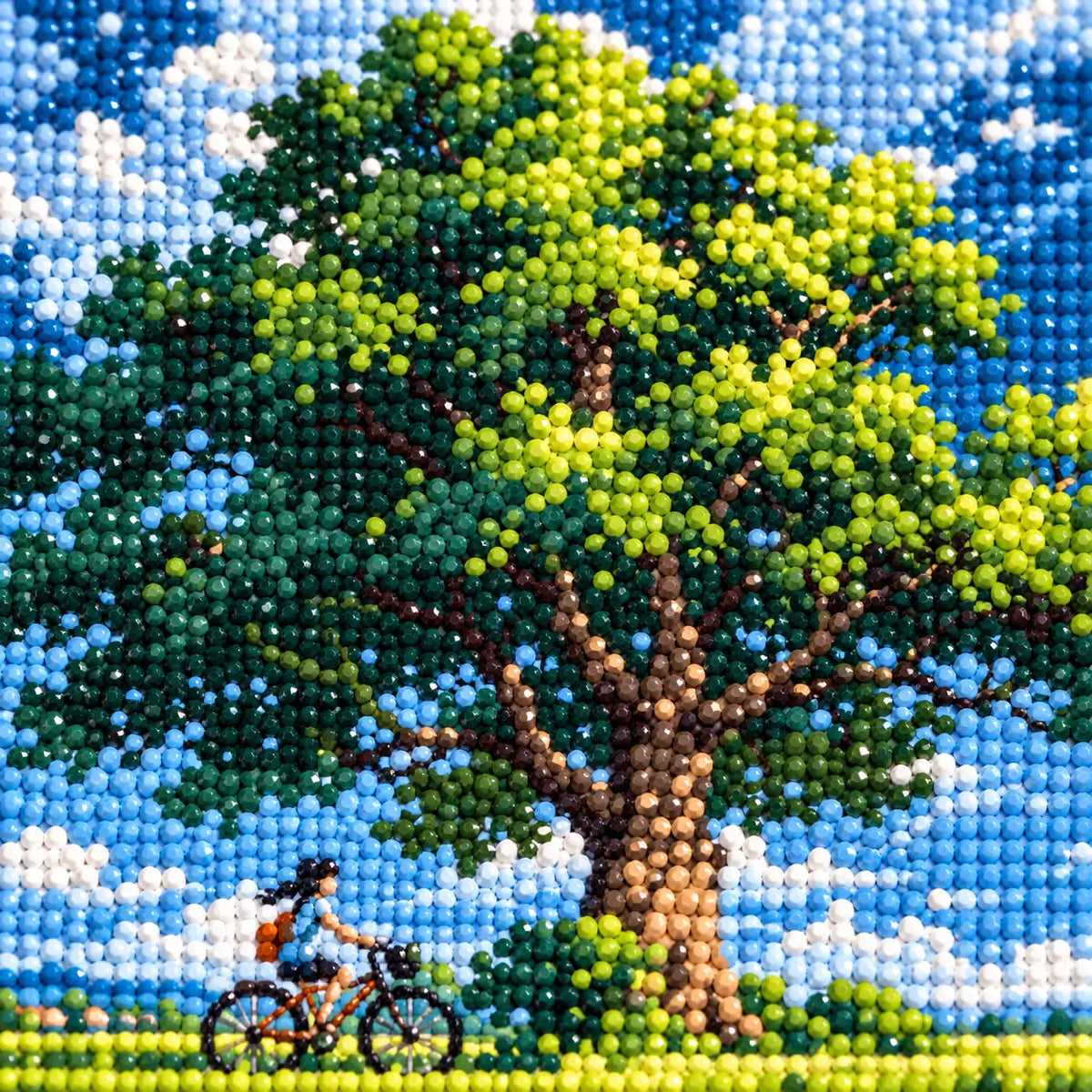 Close-up drill detail of the Rest Stop Under The Oak diamond painting