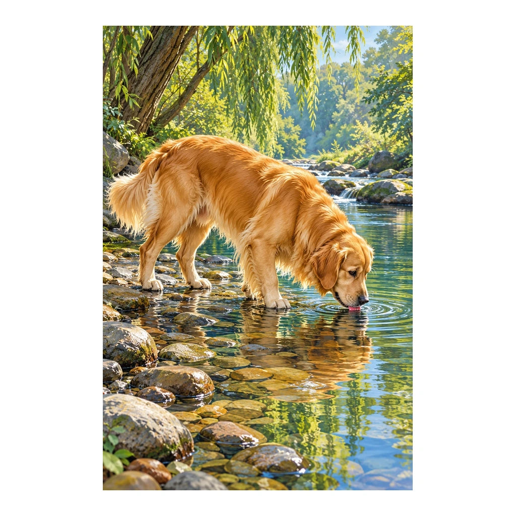 Golden retriever drinking from a woodland stream: original artwork on a clean white background