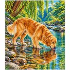 Golden retriever drinking from a woodland stream: finished diamond painting on a clean white background