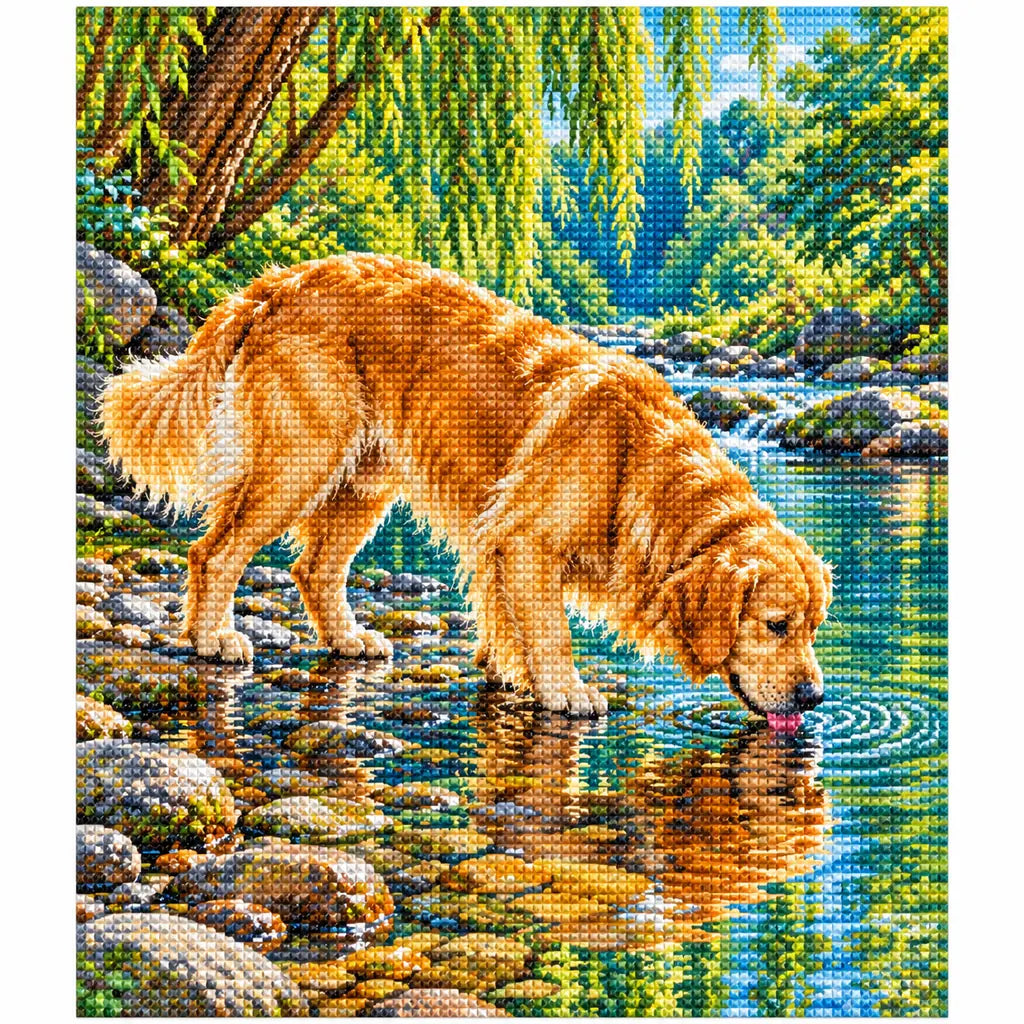Golden retriever drinking from a woodland stream: finished diamond painting on a clean white background