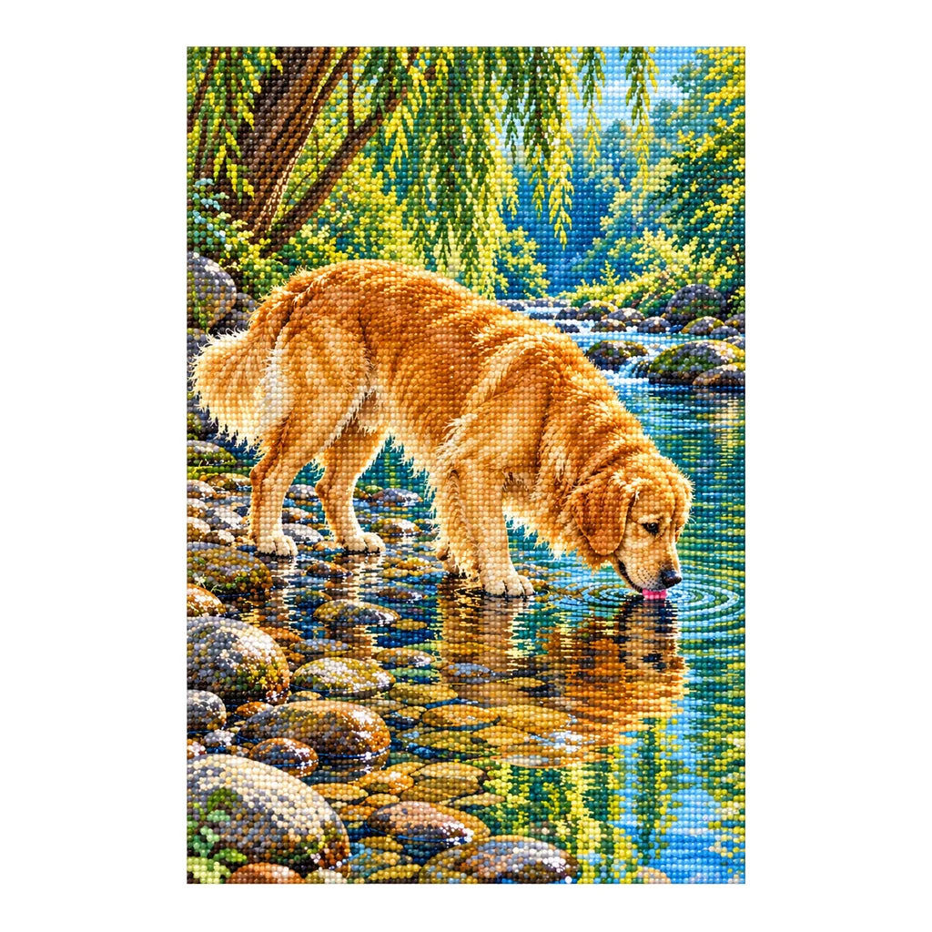 Golden retriever drinking from a woodland stream: finished diamond painting on a clean white background