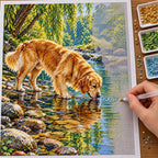 Golden retriever drinking from a woodland stream: diamond painting in progress with a pen