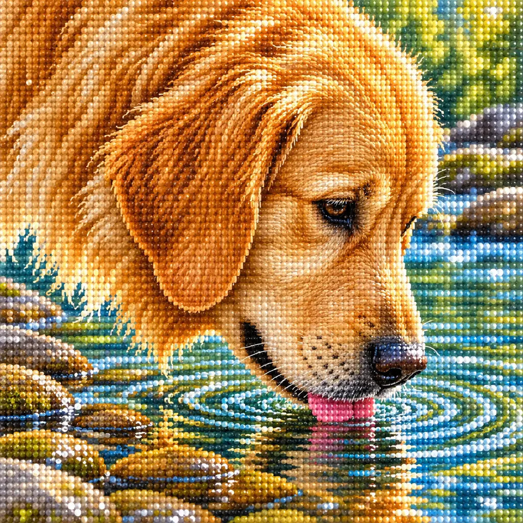 Golden retriever drinking from a woodland stream: close-up of the diamond drills